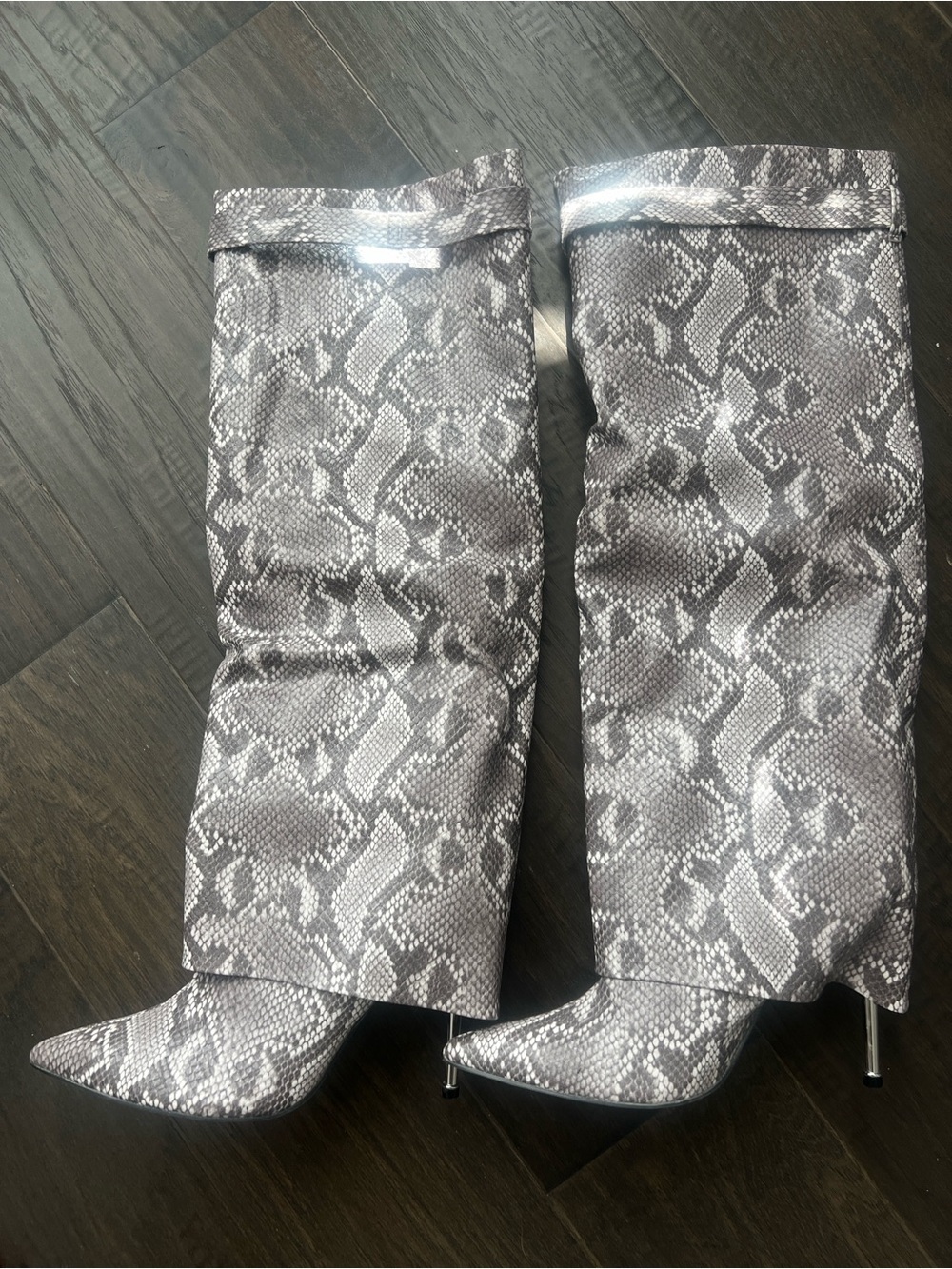 Fashion Nova Gray Snake-Print Over-the-Knee Pointed Boots